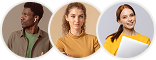 Three diverse young adults smiling, shown from shoulders up in circular frames.